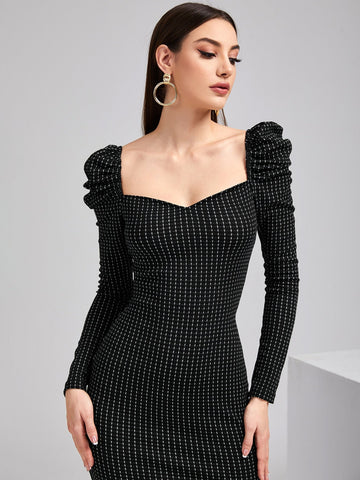 Modely Plaid Sweetheart Neck Gigot Sleeve Slit Back Bodycon Dress shein