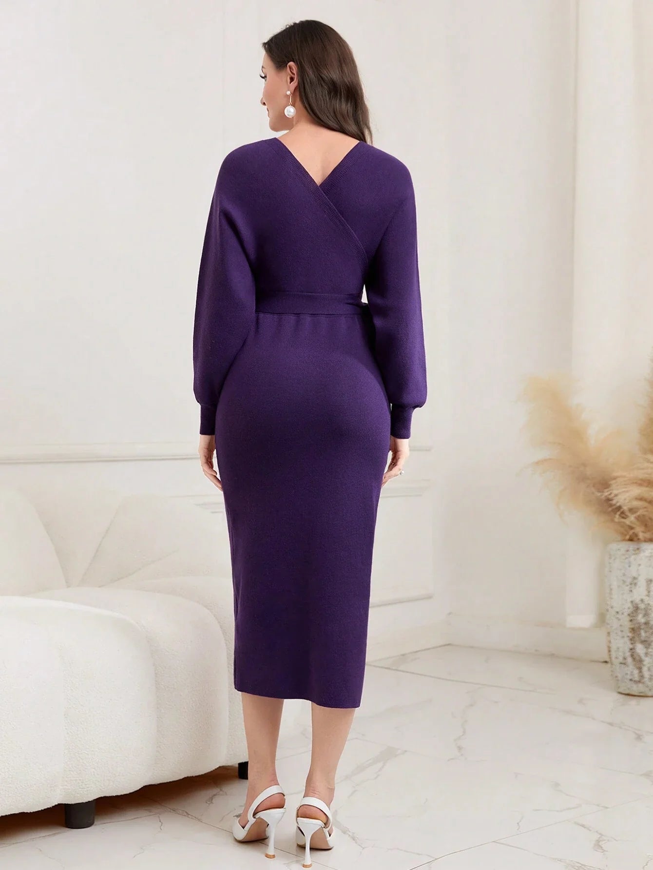 Modely Batwing Sleeve Belted Bodycon Sweater Dress Shein