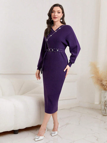 Modely Batwing Sleeve Belted Bodycon Sweater Dress Shein