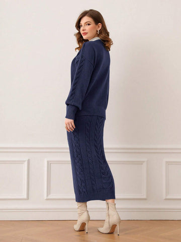 Modely Cable Knit Lantern Sleeve Cardigan & Knit Skirt Shein