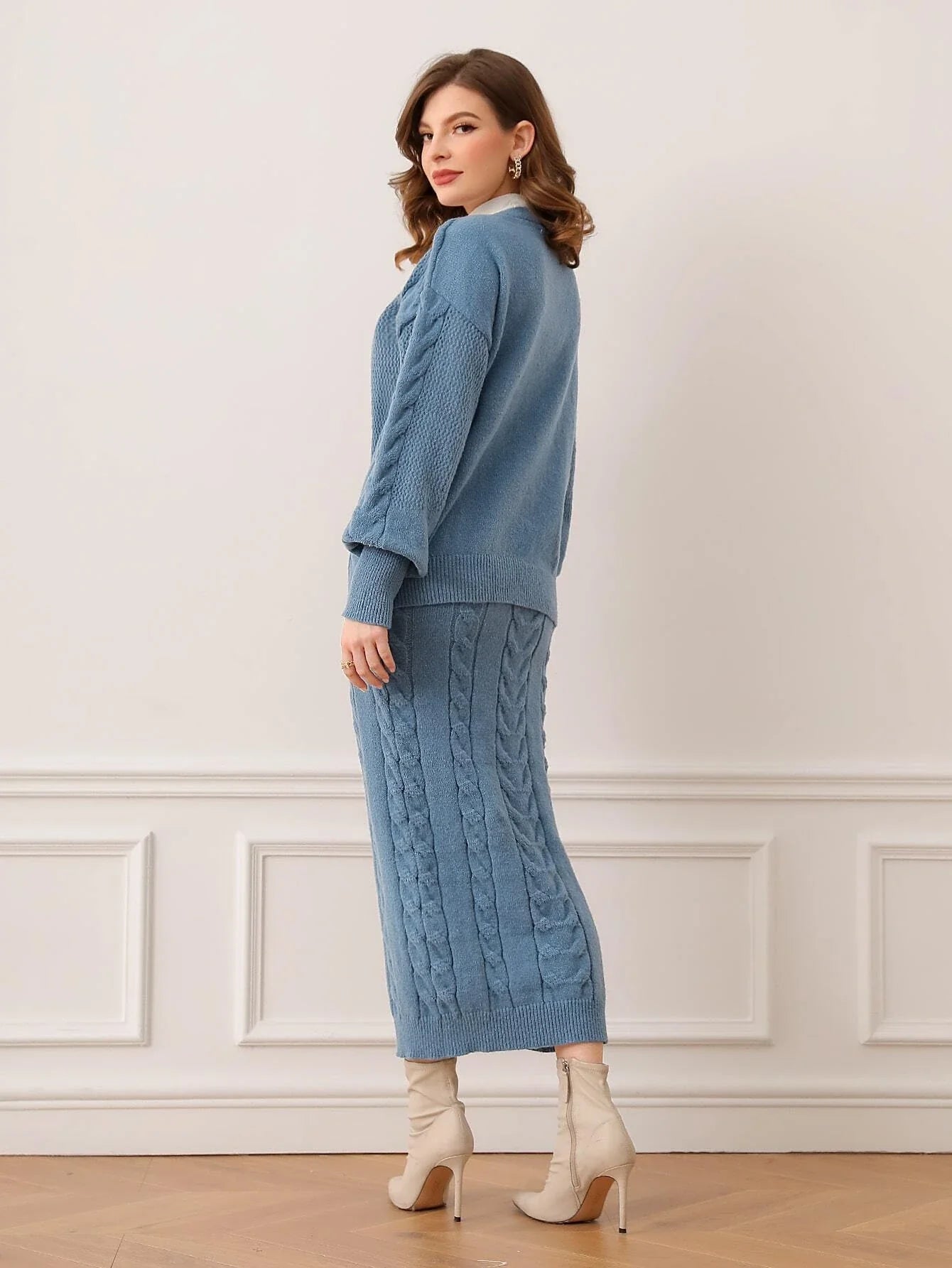 Modely Cable Knit Lantern Sleeve Cardigan & Knit Skirt Shein