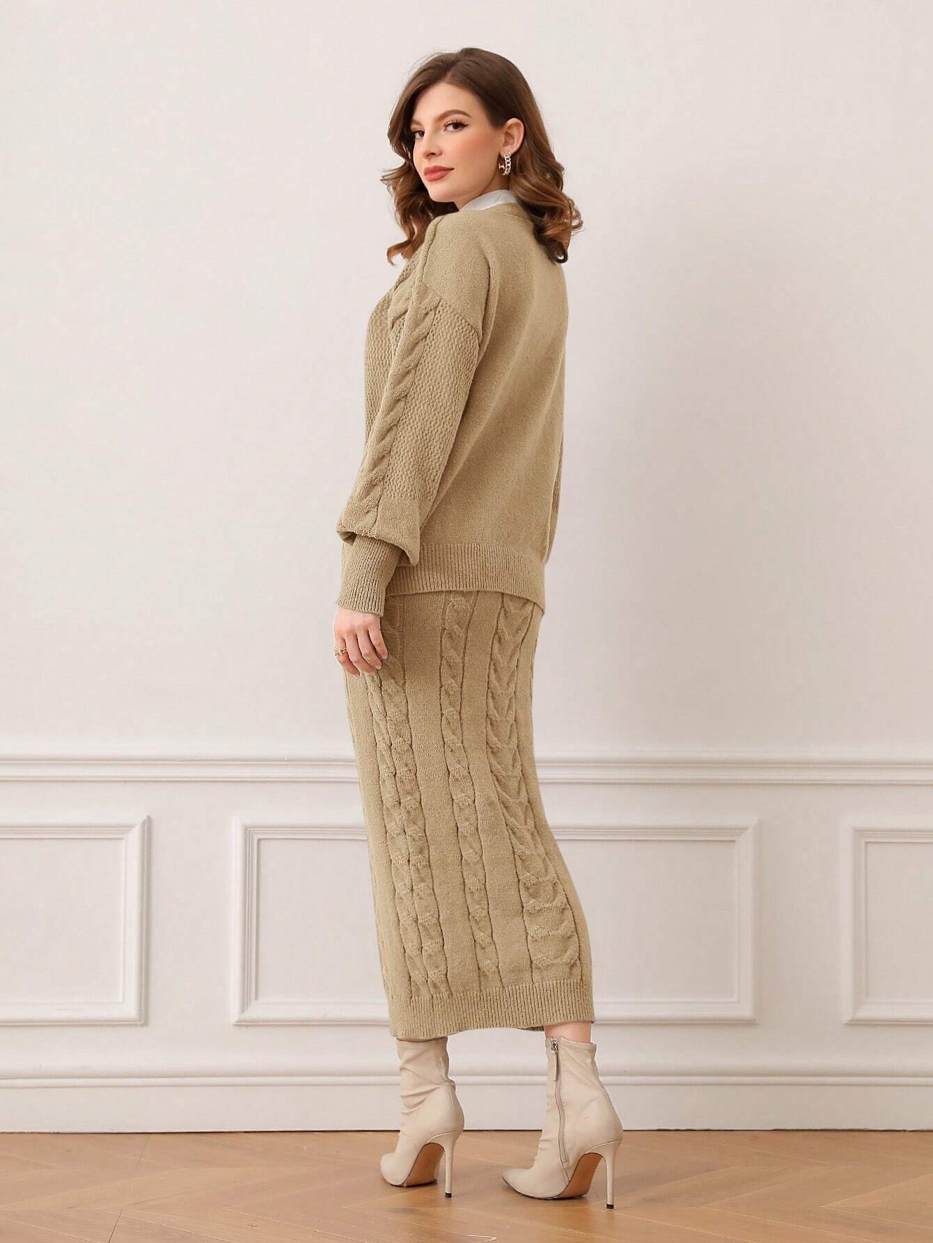 Modely Cable Knit Lantern Sleeve Cardigan & Knit Skirt Shein