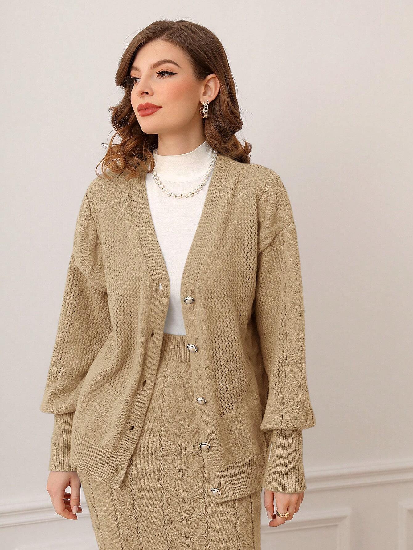 Modely Cable Knit Lantern Sleeve Cardigan & Knit Skirt Shein