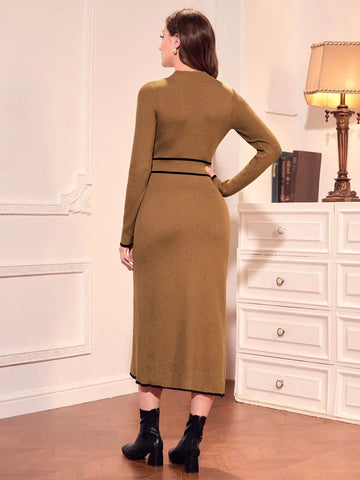 Modely Contrast Binding Belted Sweater Dress Shein