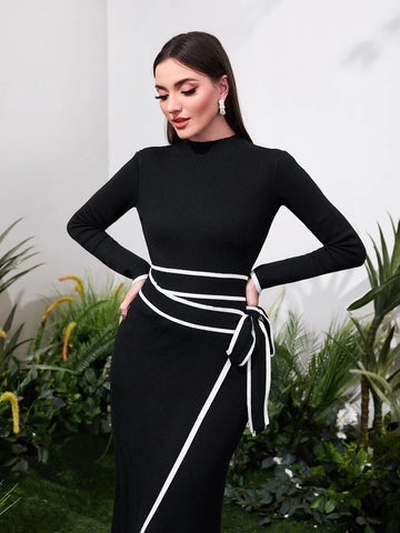 Modely Contrast Binding Belted Sweater Dress Shein