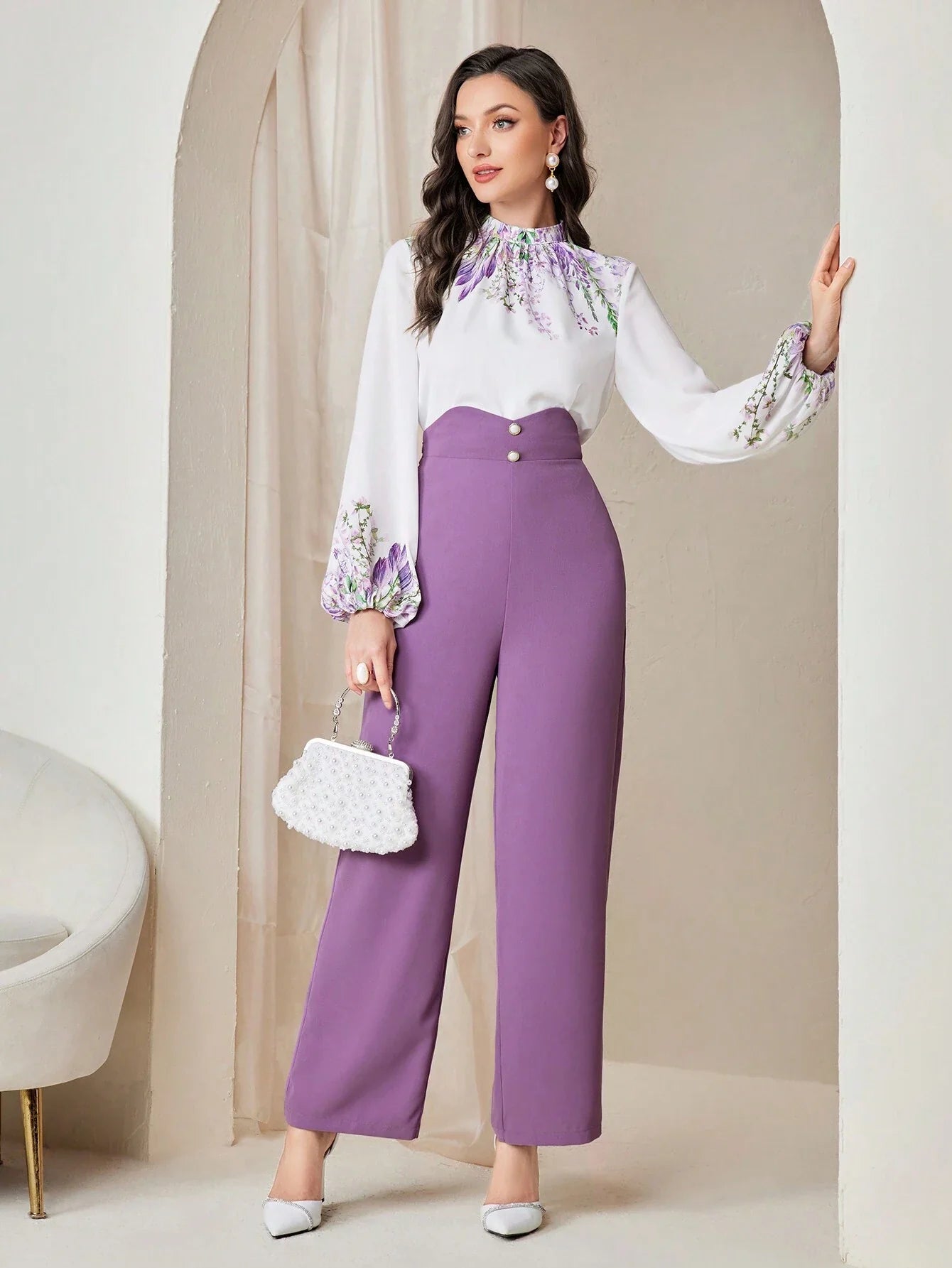 Modely Floral Print Lantern Sleeve Blouse & Wide Leg Pants Shein