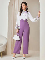 Modely Floral Print Lantern Sleeve Blouse & Wide Leg Pants Shein