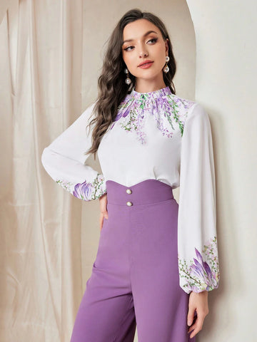 Modely Floral Print Lantern Sleeve Blouse & Wide Leg Pants Shein