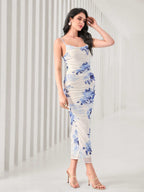 Modely Floral Print Ruched Bodycon Dress & Open Front Coat Shein