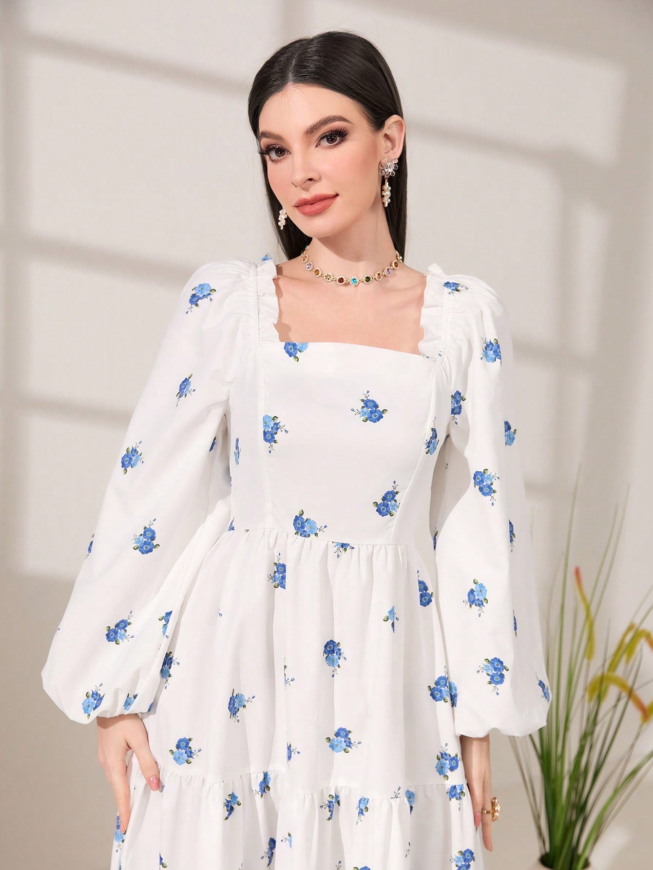 Modely Floral Print Square Neck Lantern Sleeve Ruffle Hem Dress Shein