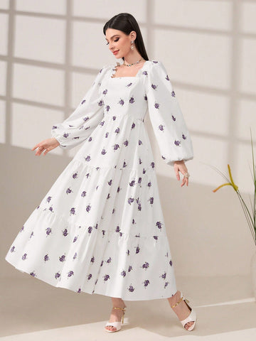 Modely Floral Print Square Neck Lantern Sleeve Ruffle Hem Dress Shein