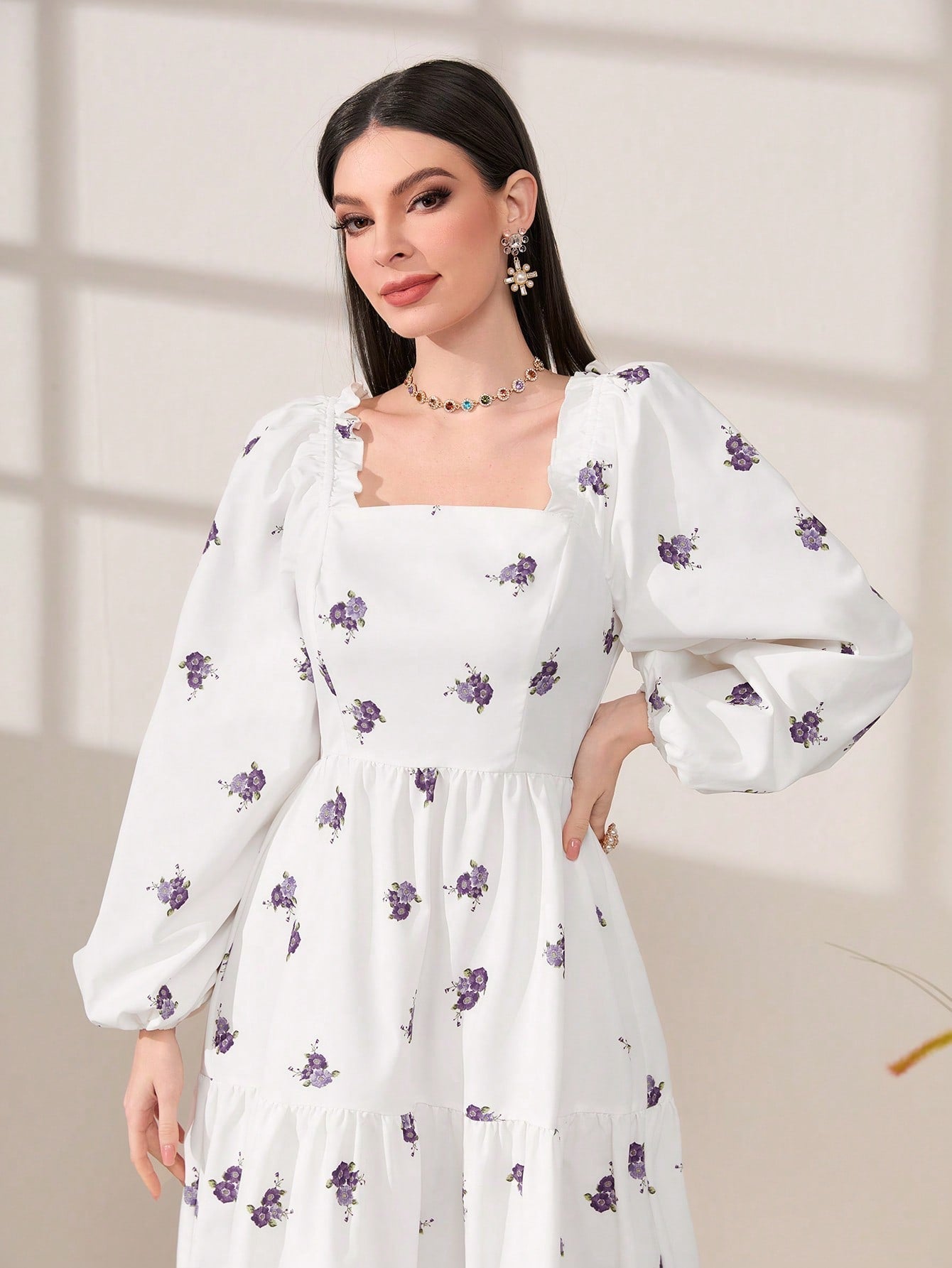 Modely Floral Print Square Neck Lantern Sleeve Ruffle Hem Dress Shein