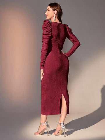 Modely Gigot Sleeve Split Back Fitted Dress Shein