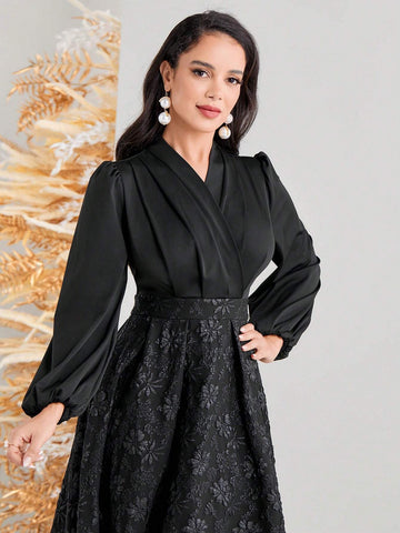 Modely High Neck Lantern Sleeve Jacquard Wrap Dress Shein