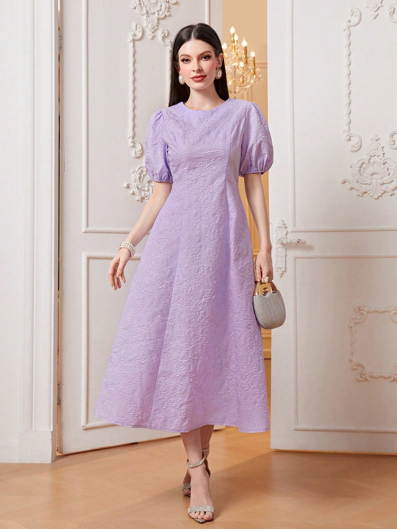 Modely Jacquard Puff Sleeve A-Line Dress Shein