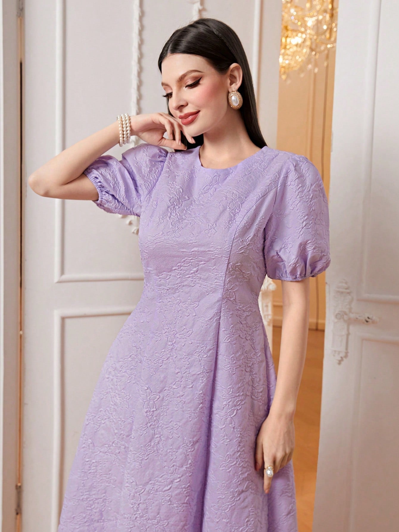 Modely Jacquard Puff Sleeve A-Line Dress Shein