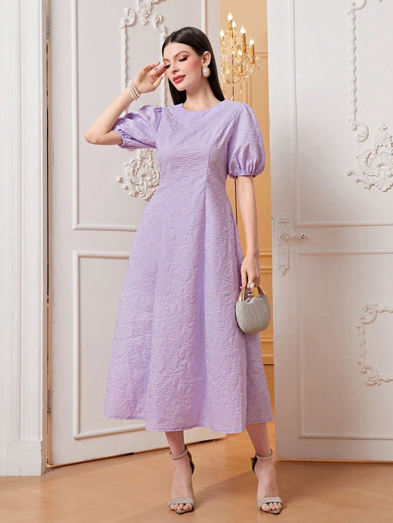 Modely Jacquard Puff Sleeve A-Line Dress Shein