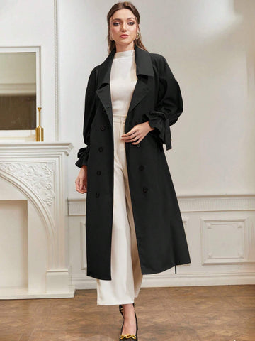 Modely Knot Side Flounce Sleeve Double Breasted Belted Trench Coat Shein