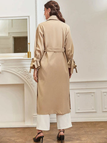 Modely Knot Side Flounce Sleeve Double Breasted Belted Trench Coat Shein