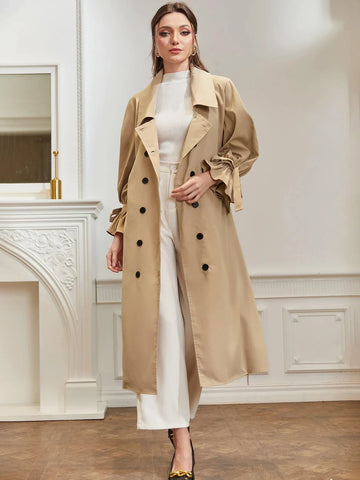 Modely Knot Side Flounce Sleeve Double Breasted Belted Trench Coat Shein