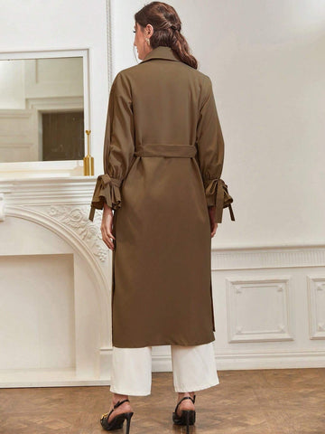 Modely Knot Side Flounce Sleeve Double Breasted Belted Trench Coat Shein