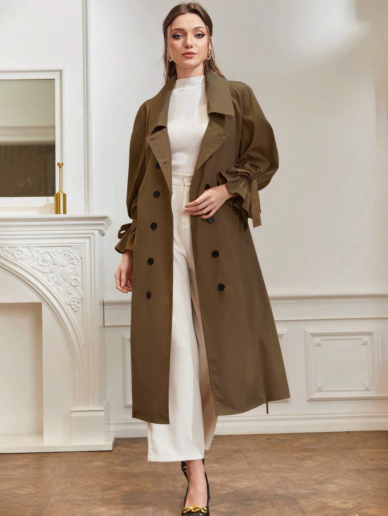 Modely Knot Side Flounce Sleeve Double Breasted Belted Trench Coat Shein