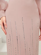 Modely Lantern Sleeve Rhinestone Detail Mesh Sleeve Dress Shein