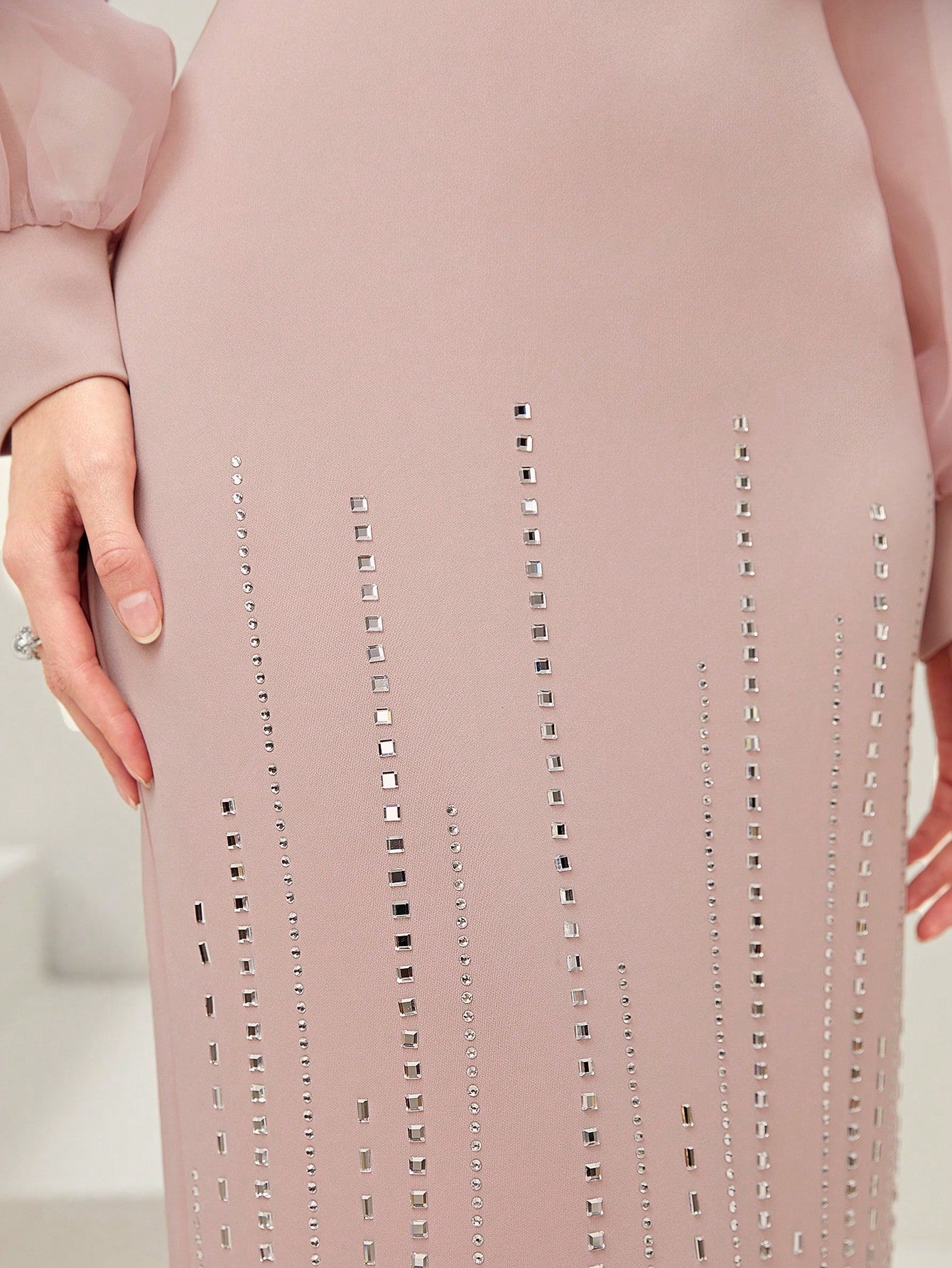Modely Lantern Sleeve Rhinestone Detail Mesh Sleeve Dress Shein