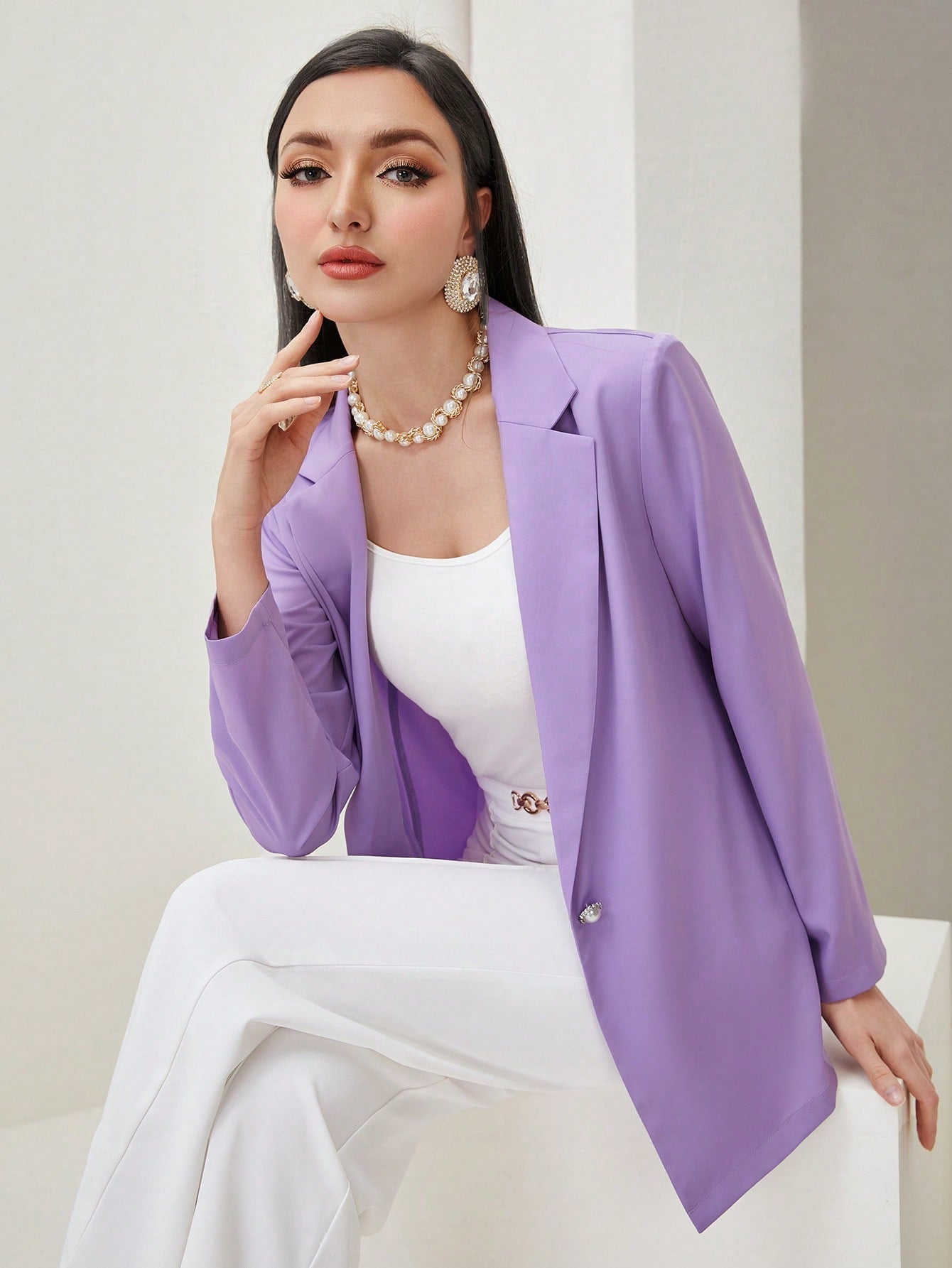 Modely Lapel Neck Single Button Blazer Shein