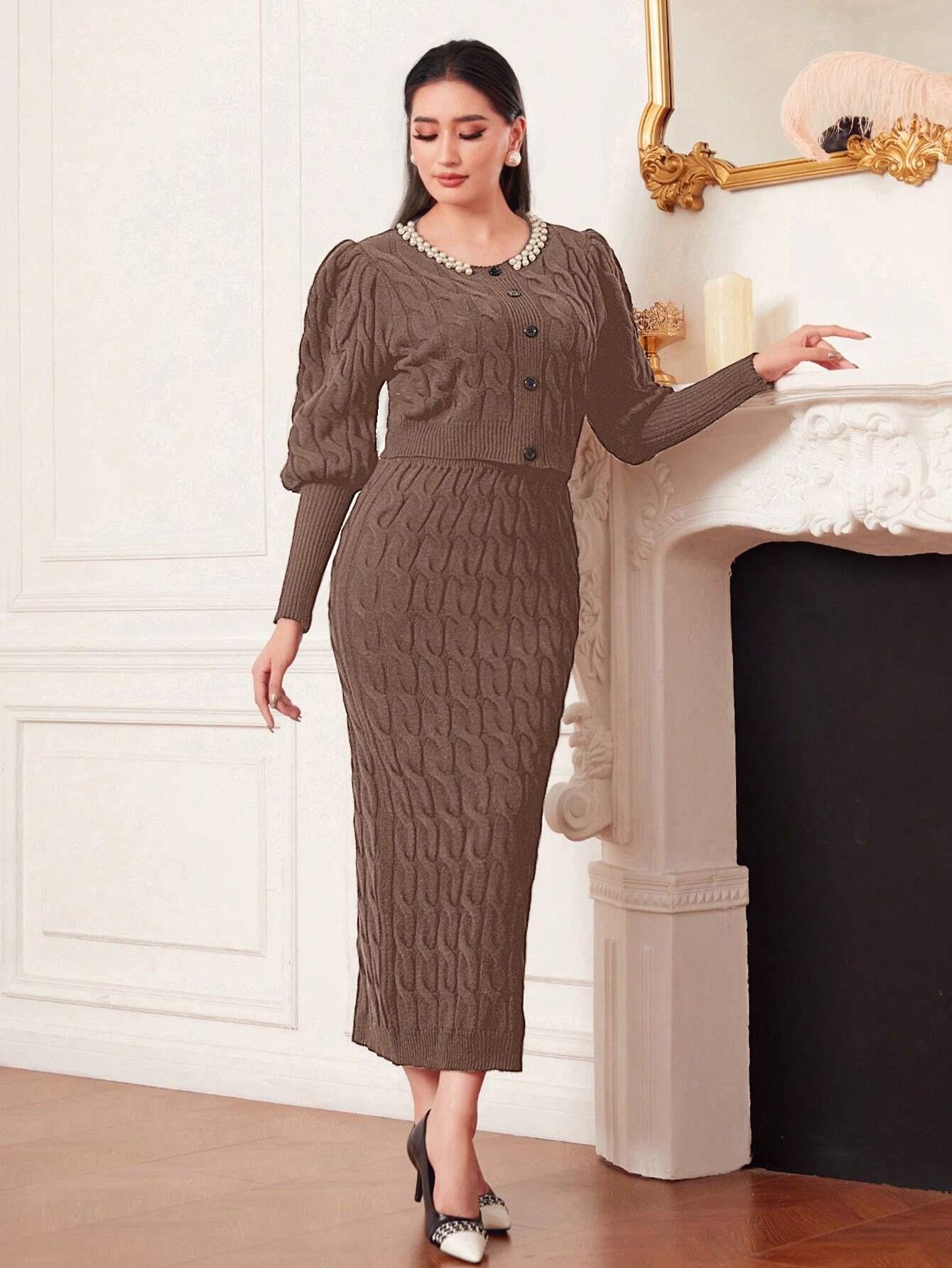 Modely Leg Of Mutton Sleeve Cable Knit Cardigan And Knit A-Line Skirt Set Shein