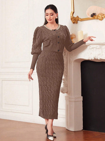 Modely Leg Of Mutton Sleeve Cable Knit Cardigan And Knit A-Line Skirt Set Shein