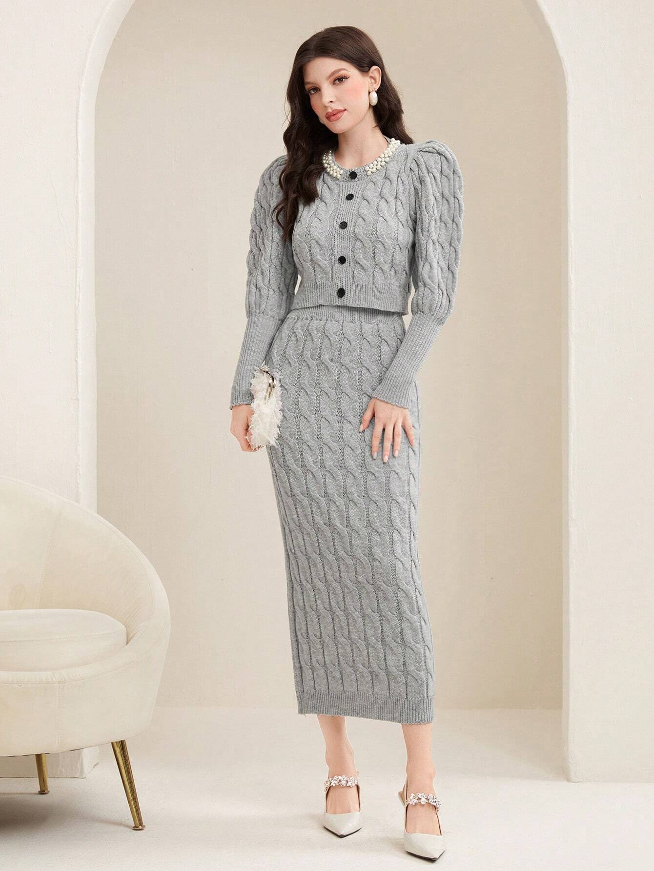 Modely Leg Of Mutton Sleeve Cable Knit Cardigan And Knit A-Line Skirt Set Shein