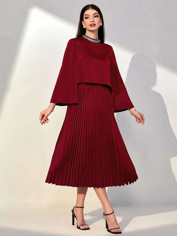 Modely Mock Neck Trumpet Sleeve Top & Pleated Skirt Shein