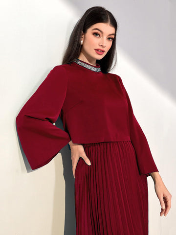 Modely Mock Neck Trumpet Sleeve Top & Pleated Skirt Shein