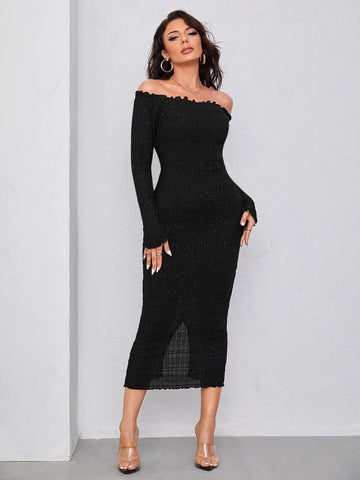 Modely Off Shoulder Frill Trim Split Back Glitter Bodycon Dress Shein