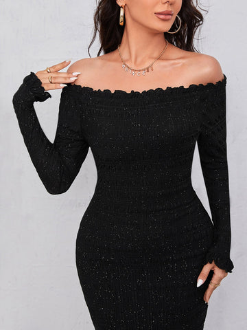 Modely Off Shoulder Frill Trim Split Back Glitter Bodycon Dress Shein