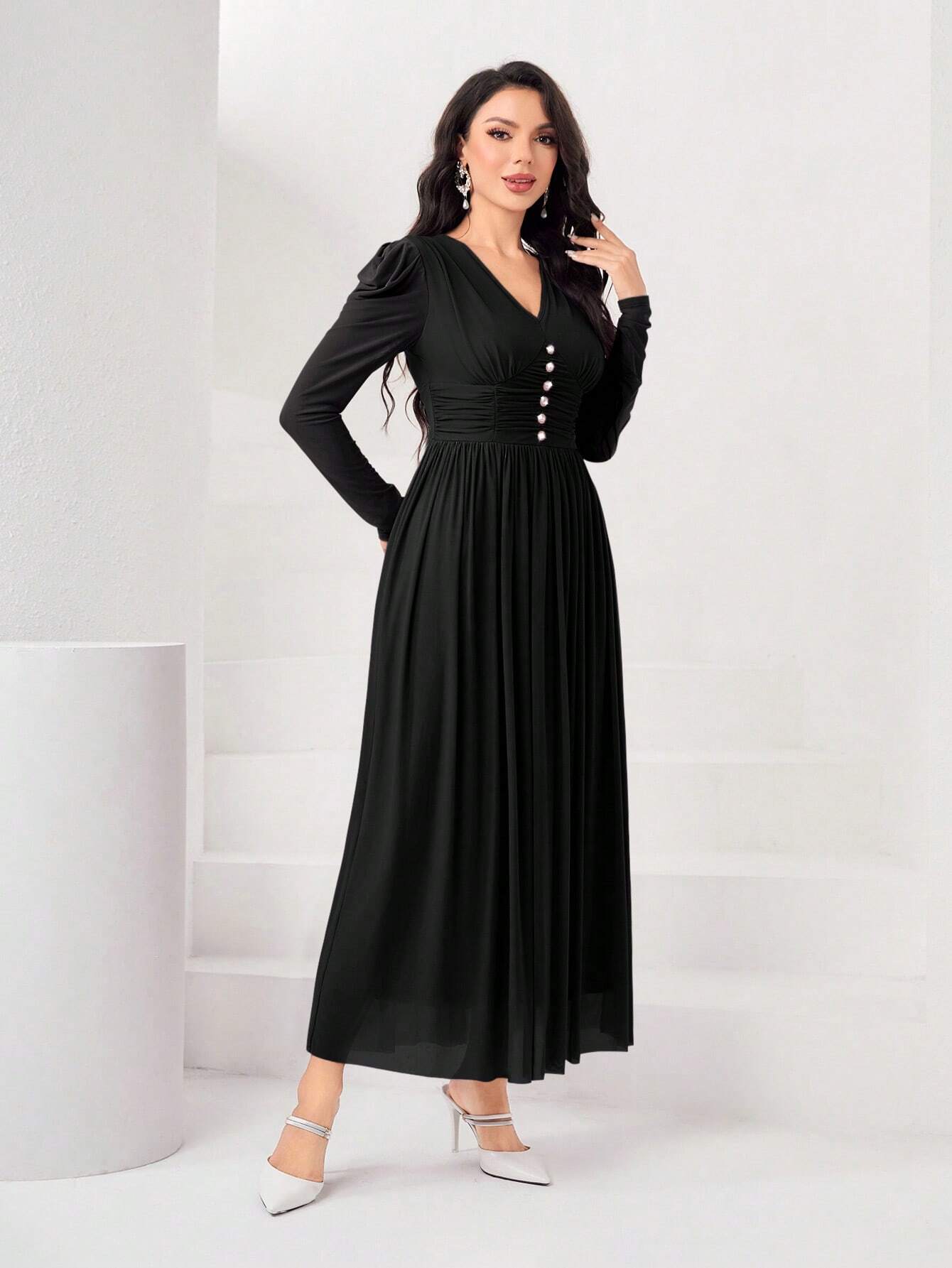 Modely Solid Button Front Puff Sleeve Dress Shein