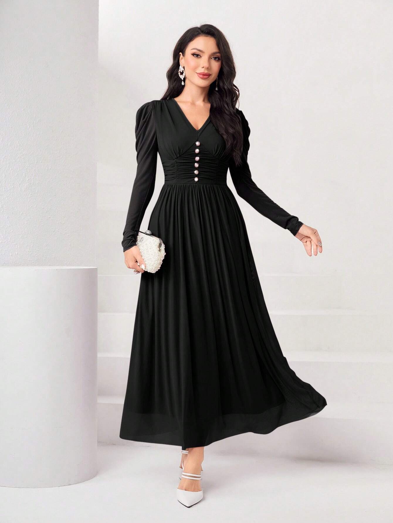 Modely Solid Button Front Puff Sleeve Dress Shein