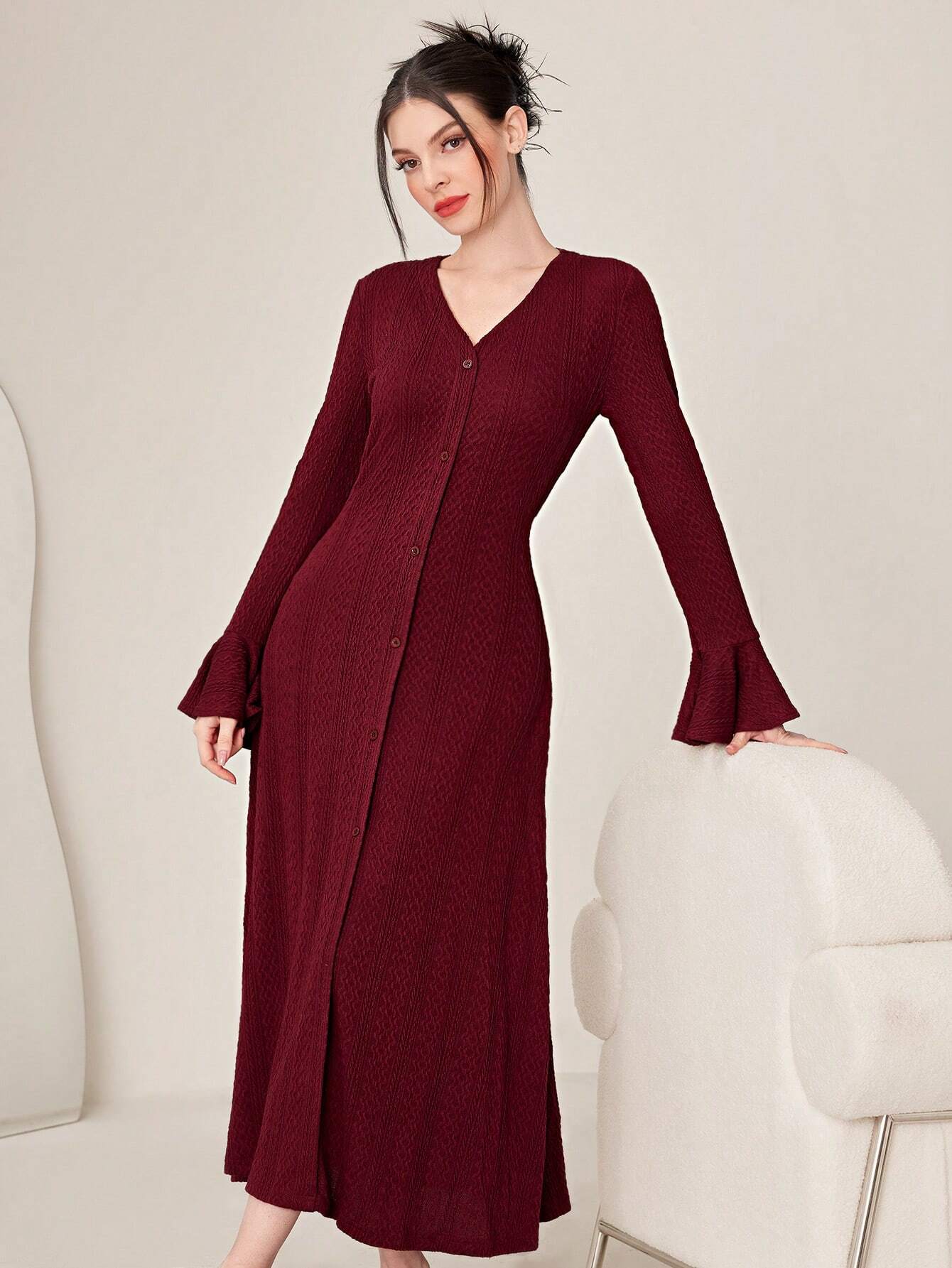 Modely Solid Color Women's Bell Sleeve Dress Shein