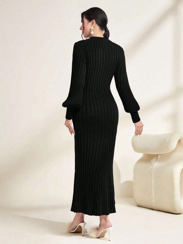 Modely Solid Ribbed Knit Sweater Dress Shein