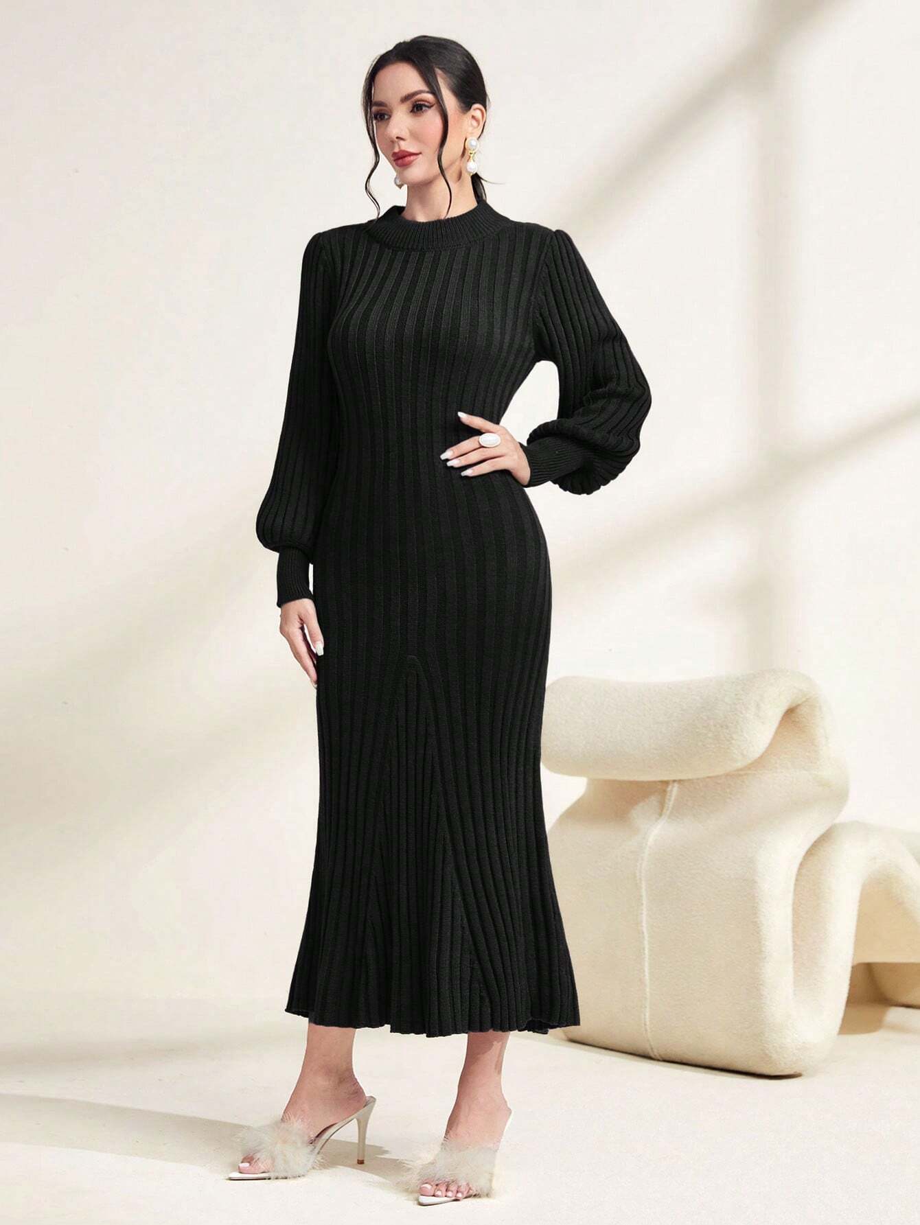 Modely Solid Ribbed Knit Sweater Dress Shein