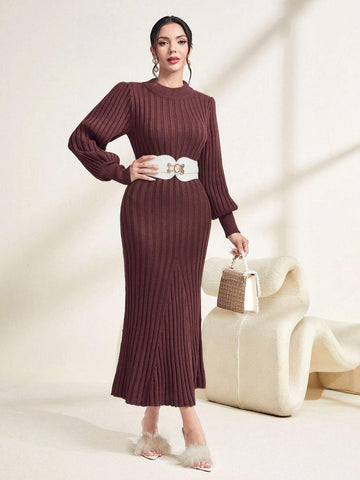 Modely Solid Ribbed Knit Sweater Dress Shein