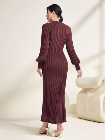 Modely Solid Ribbed Knit Sweater Dress Shein