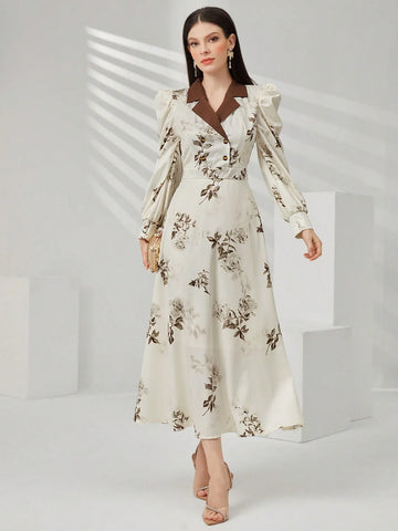 Modely Women'S Colorblock Turn-Down Collar Dress With Botanical Print Shein