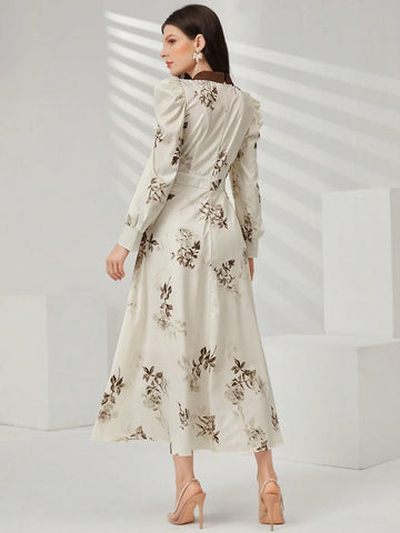 Modely Women'S Colorblock Turn-Down Collar Dress With Botanical Print Shein