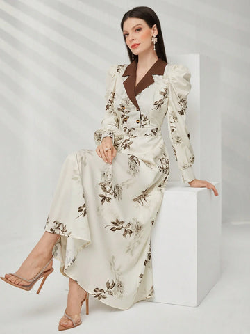 Modely Women'S Colorblock Turn-Down Collar Dress With Botanical Print Shein