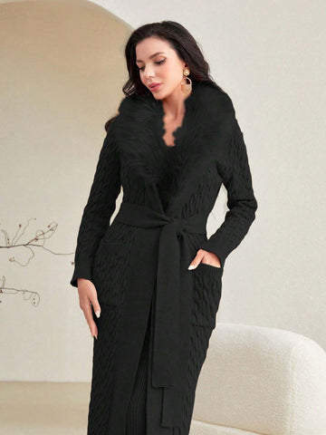 Modely Women's Furry Shawl Collar Long Sleeve Cardigan And Sweater Dress Shein