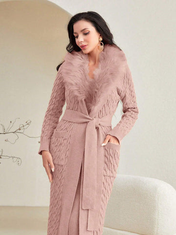 Modely Women's Furry Shawl Collar Long Sleeve Cardigan And Sweater Dress Shein