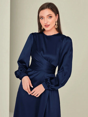 Modely Women's Yo-yo Blue Round Neck Long Sleeve Dress Shein