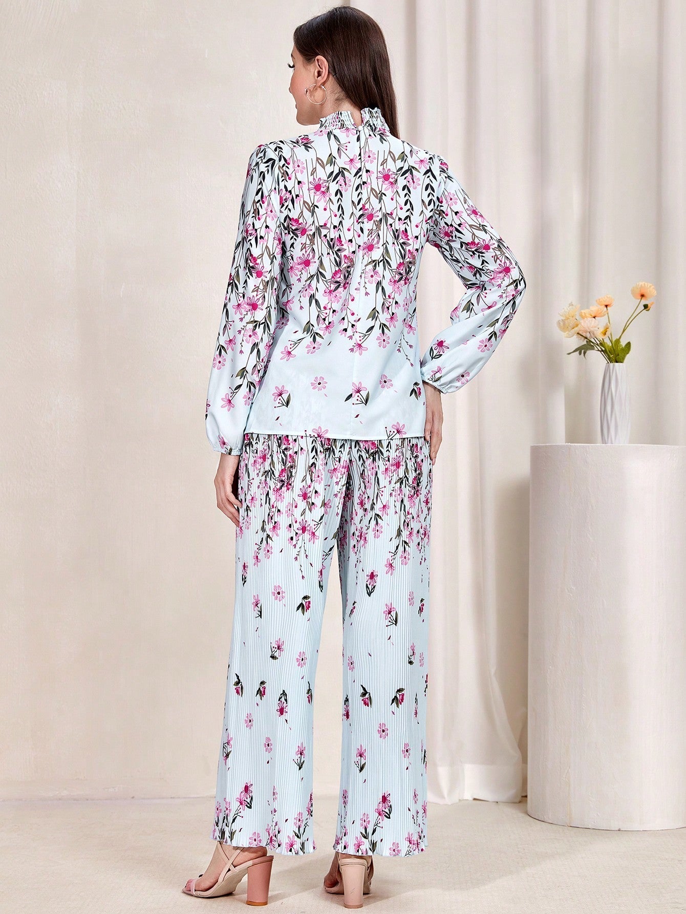 Mulvari Floral Print Tie Neck Blouse & Wide Leg Pants Shein